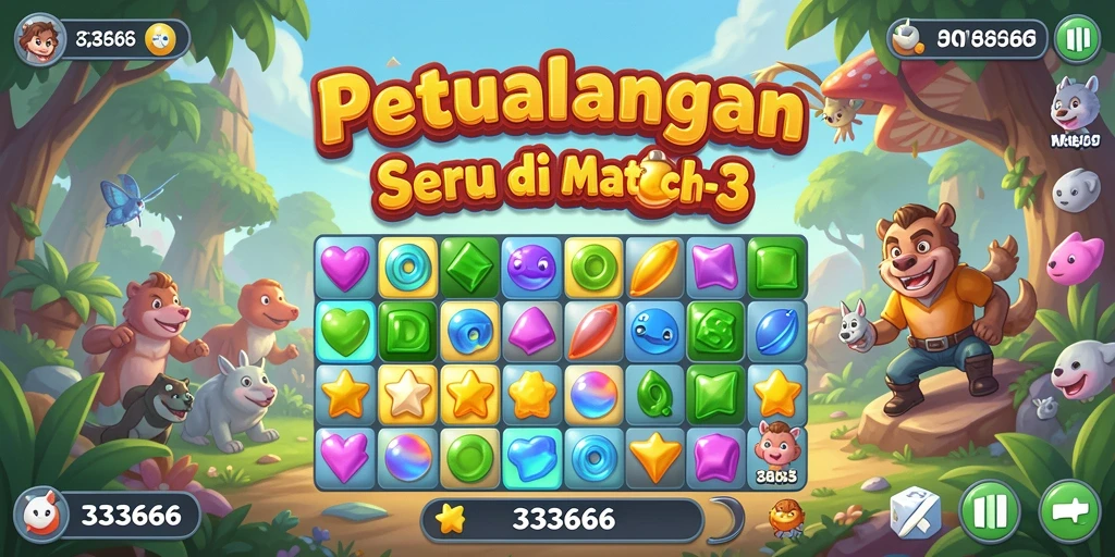 Screenshot permainan 333666 menampilkan keseruan Match-3 yang penuh warna.