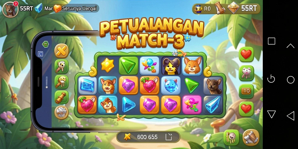Tampilkan gameplay seru di 55RT dengan tantangan Match-3.