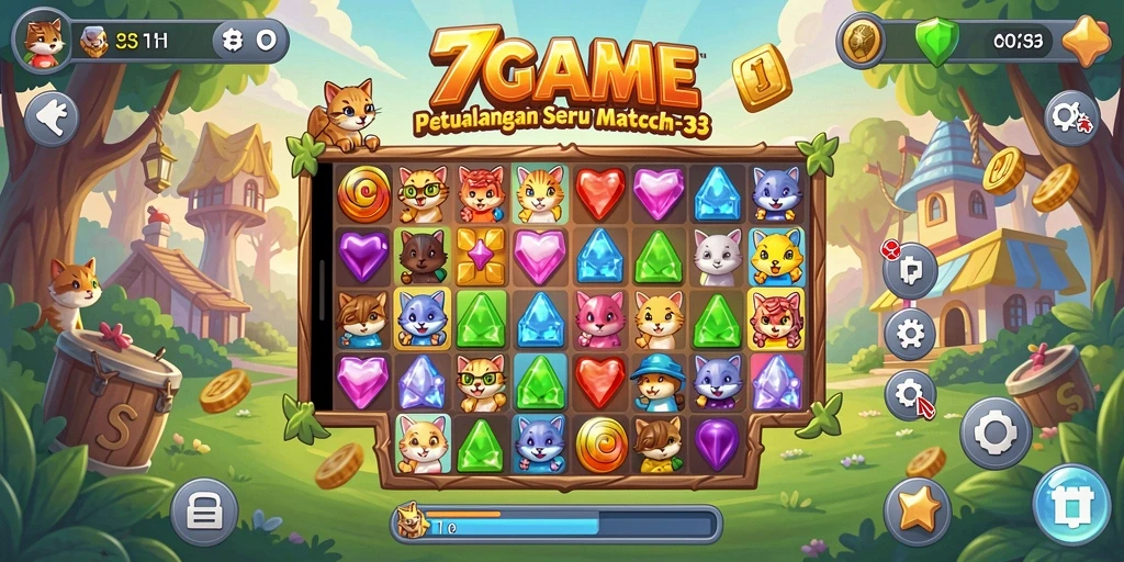 Tangkapan layar gameplay 7GAME menampilkan momen seru mencocokkan buah.