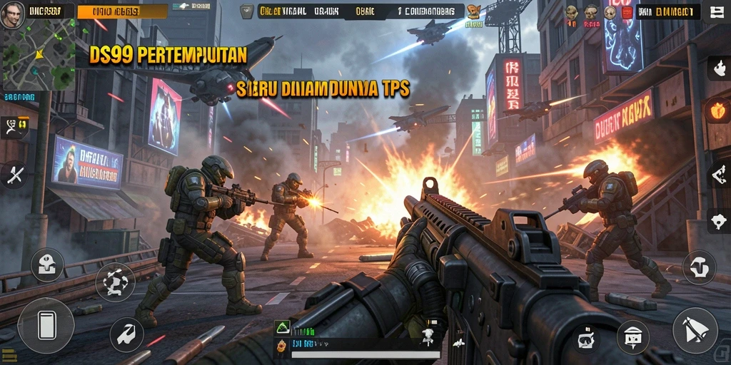 Screenshot gameplay DS99 yang menampilkan aksi tembak-menembak intens.
