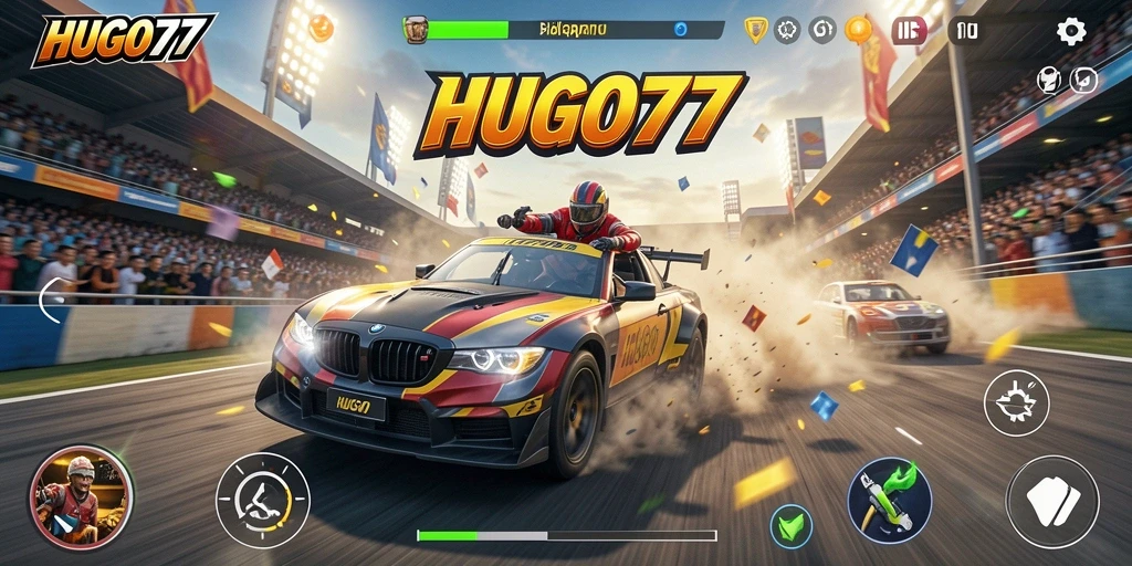 Tampilan menarik dari gameplay balap di HUGO77.