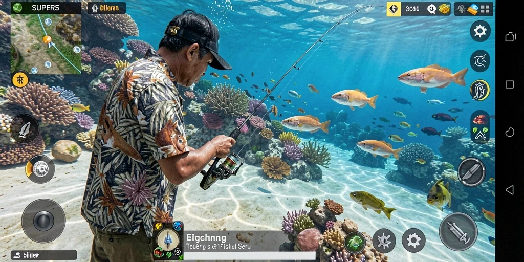 Screenshot gameplay <strong>SUPER5</strong> yang menunjukkan keseruan memancing ikan di berbagai lokasi.