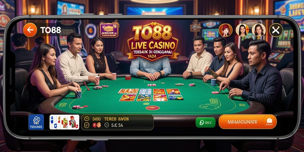 Screenshot TO88 menampilkan dealer langsung dan interaksi menegangkan di meja permainan.